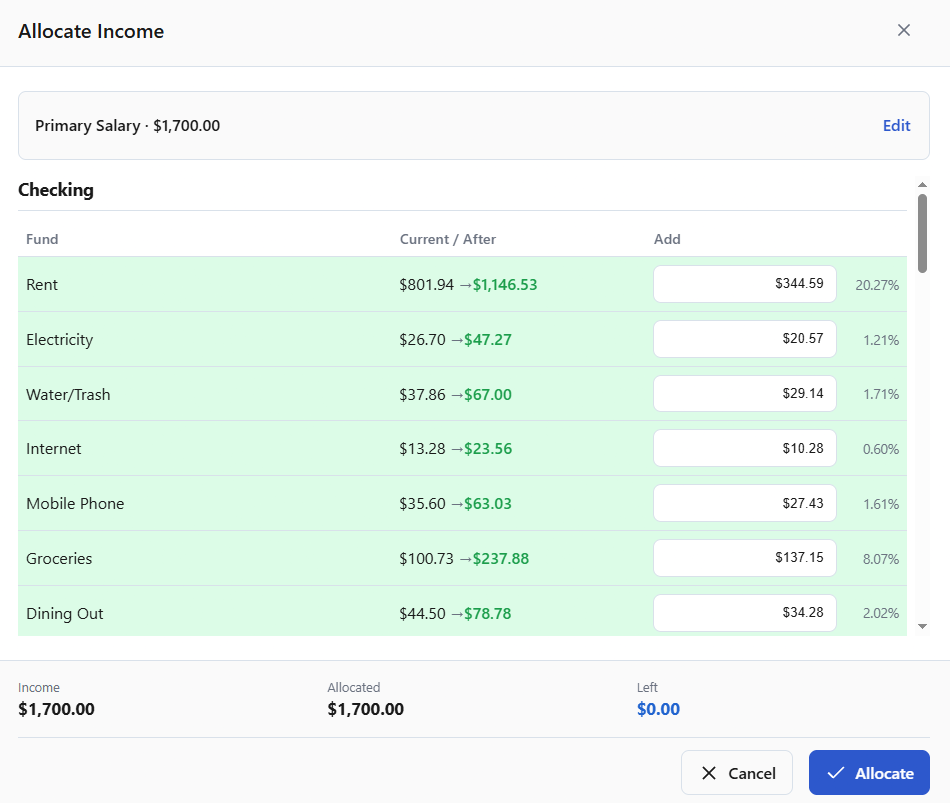 Paycheck allocation screen showing planned additions to budget funds.